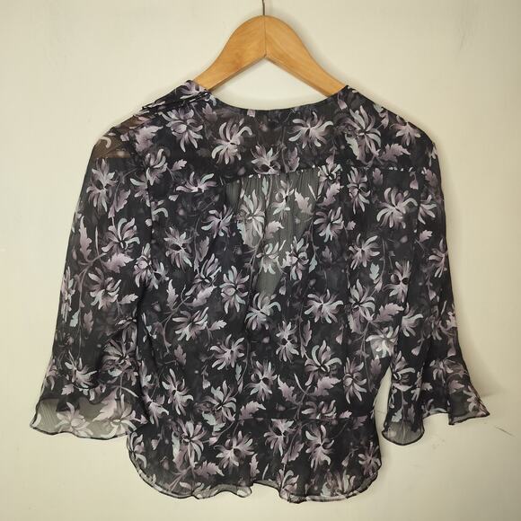 Jones New York Floral Silk Wrap Blouse Sheer Flare Sleeve - Picture 9 of 10